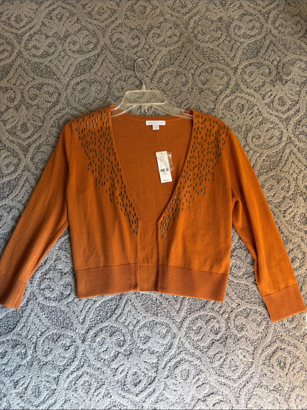 New York & Company Studded Open-Front Cropped Cardigan in Rust Orange